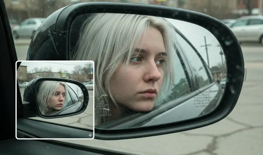 Illustration of a car-mirror photo of a young woman 