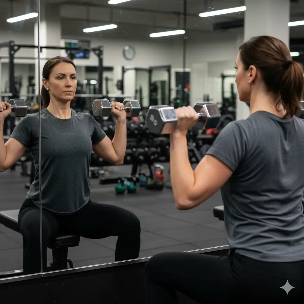 AI generated image of a Woman Using Dumbbells Near Mirror