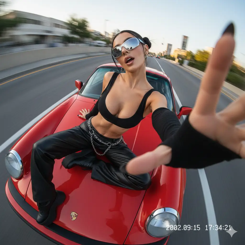 AI-generated image of a slim, young Russian model on a Porsche 