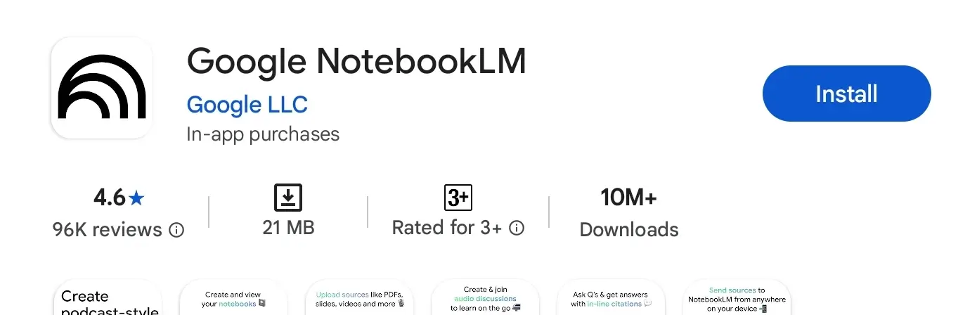 Screenshot of installation page of Google NotebookLM