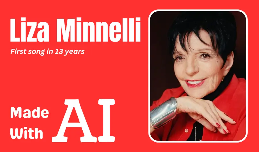 A professional graphic featuring a portrait Liza Minnelli, in a red outfit with red background and written texts beside in white that says "Liza Minnelli first song in 13 years made with AI."