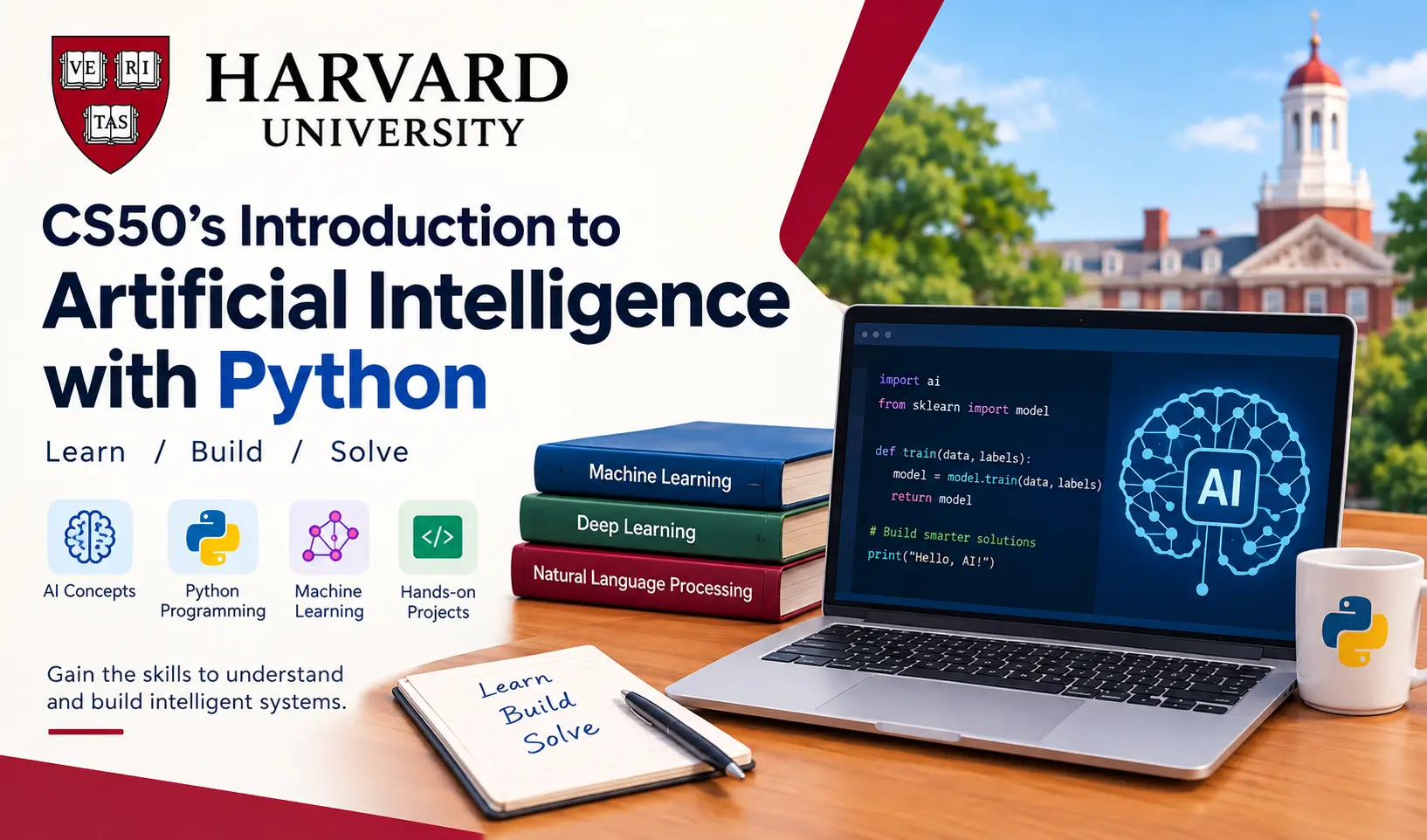 Harvard University's CS50 Introduction to Artificial Intelligence with Python course featuring AI concepts, Python programming, machine learning, and hands-on learning.