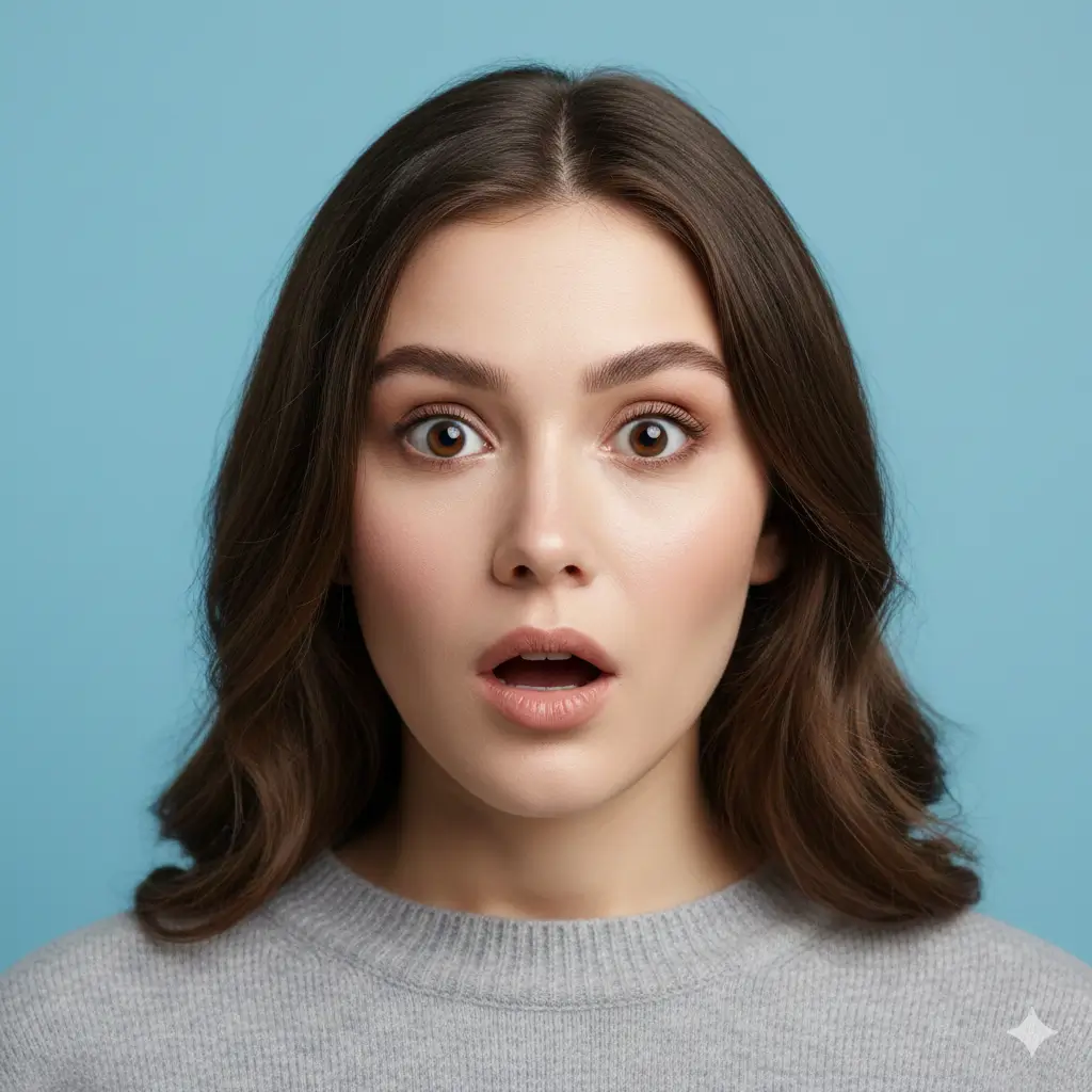 studio portrait of a surprised woman in a soft blue background