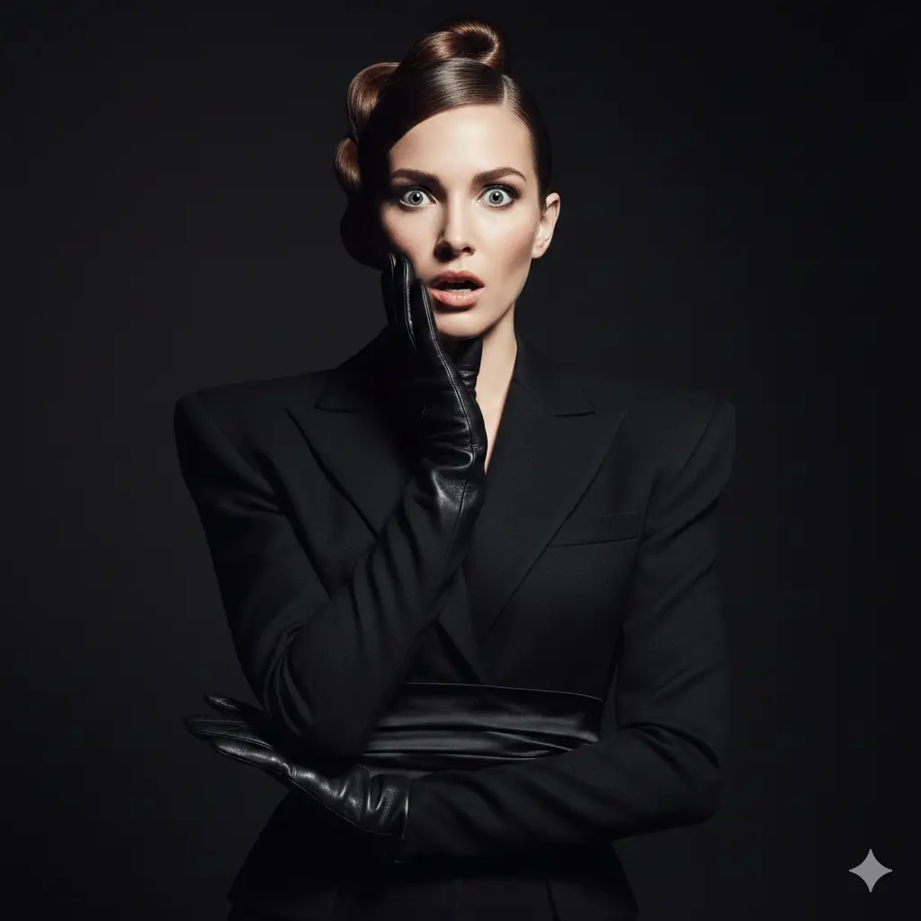 fashion-editorial image of surprised woman in black background