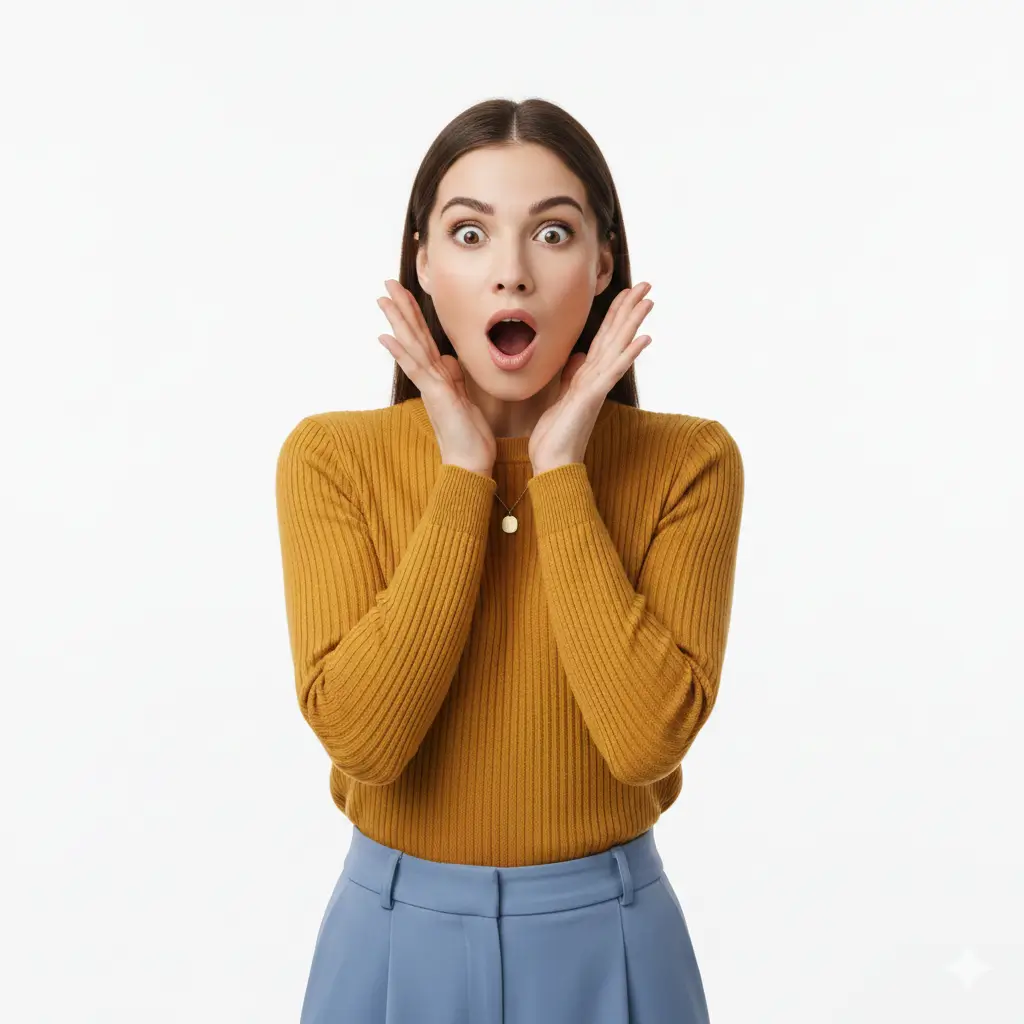 commercial-style image of surprised woman in white background