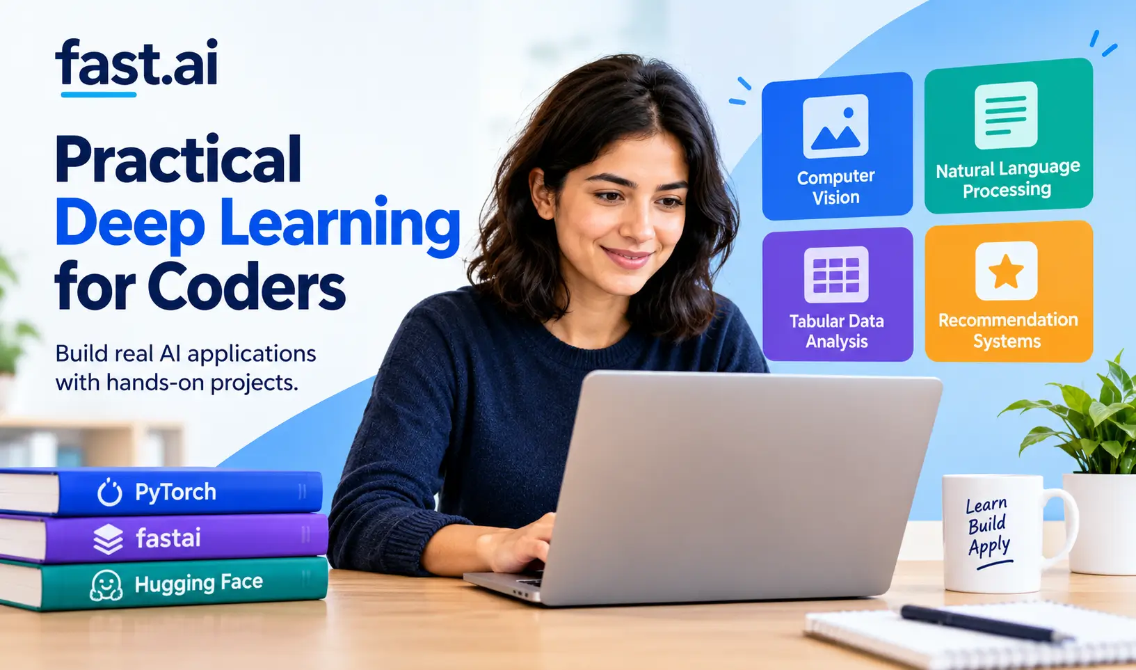 A learner explores fast.ai's Practical Deep Learning for Coders course on a laptop, featuring computer vision, natural language processing, tabular data analysis, and recommendation systems.