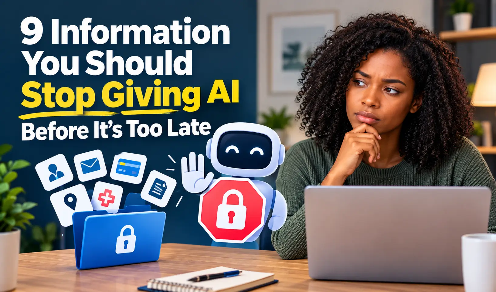 A professional editorial thumbnail showing a thoughtful woman using a laptop beside a friendly AI robot, with privacy and security symbols illustrating the risks of sharing sensitive information with AI. The bold headline reads “9 Information You Should Stop Giving AI Before It’s Too Late.”