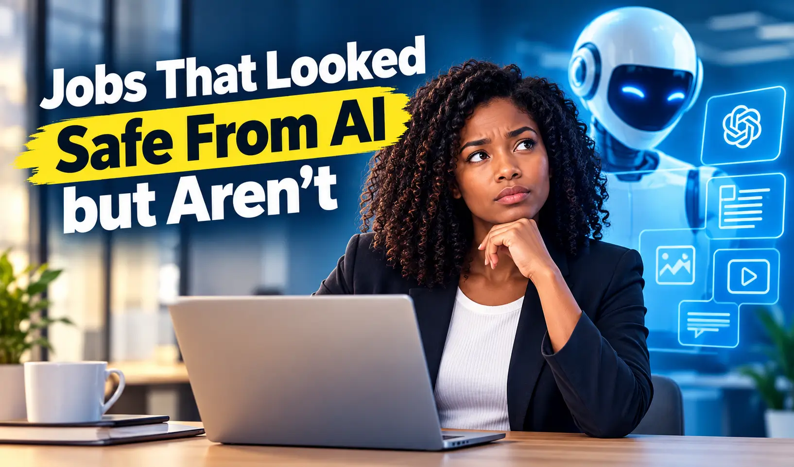 A professional editorial illustration showing a worker at a laptop alongside an AI robot, representing how artificial intelligence is transforming jobs once considered safe from automation.