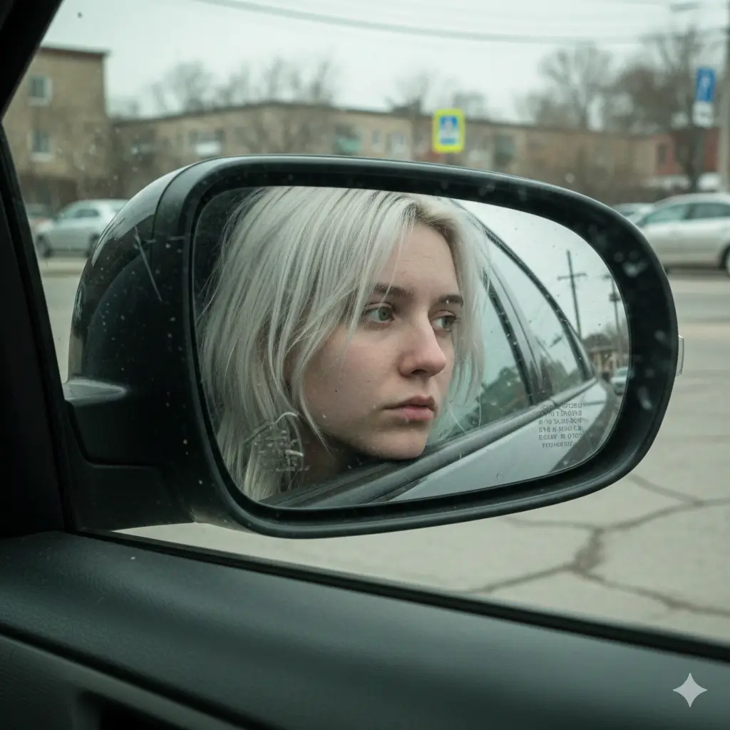 AI-generated Car-mirror photo of a young woman with angelic white hair 