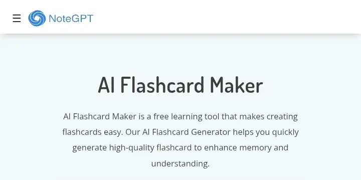 Website screenshot of notegpt.io/ai-flashcard-maker