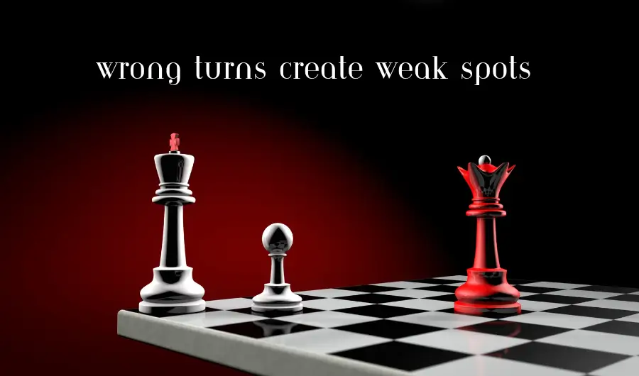 Chess pieces on a board illustrating how wrong moves create strategic weaknesses.