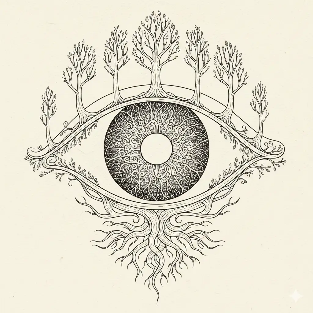 AI generated image of Eye line art: The Eye That Grows Forests 