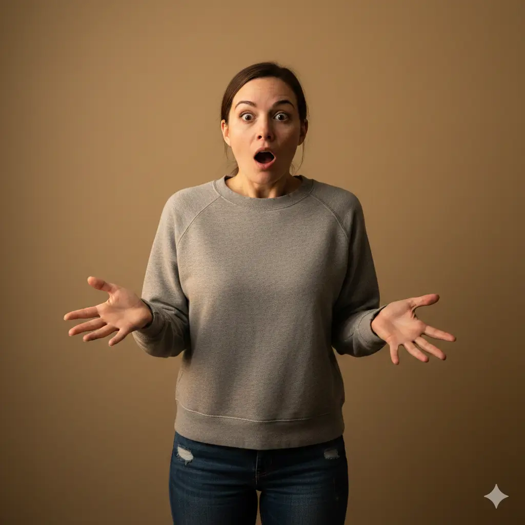 realism shot of surprised woman in warm tan background 