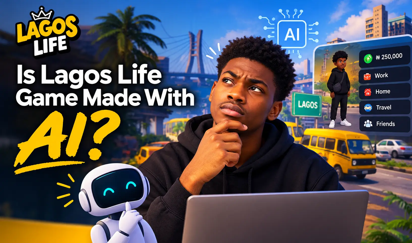 Lagos Life game with AI concept showing a Lagos-inspired virtual world, game interface, and artificial intelligence graphics