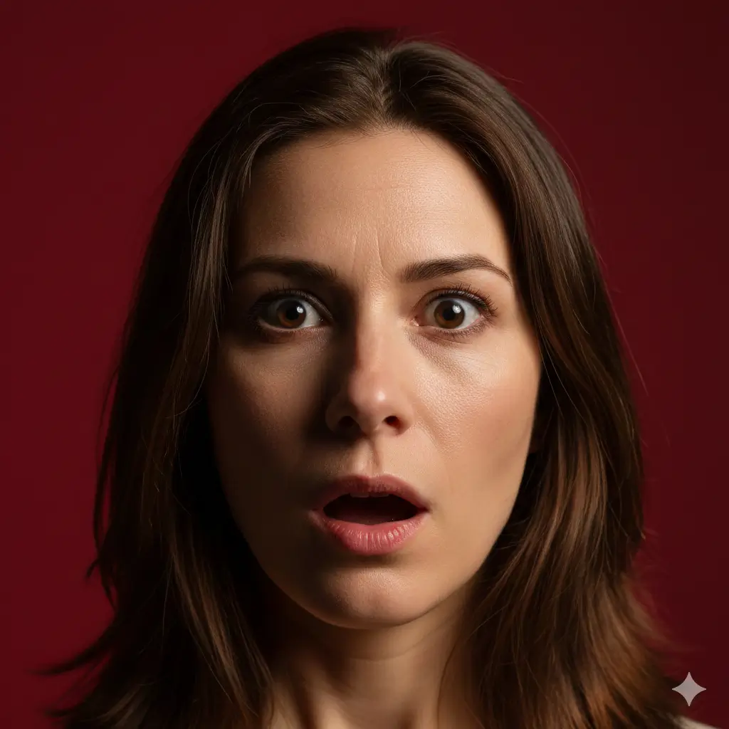 Dramatic cinematic image of a surprised woman in deep red background