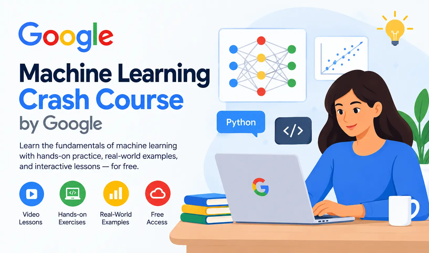 Google Machine Learning Crash Course featuring hands-on exercises, Python programming, neural networks, and practical artificial intelligence lessons for beginners.
