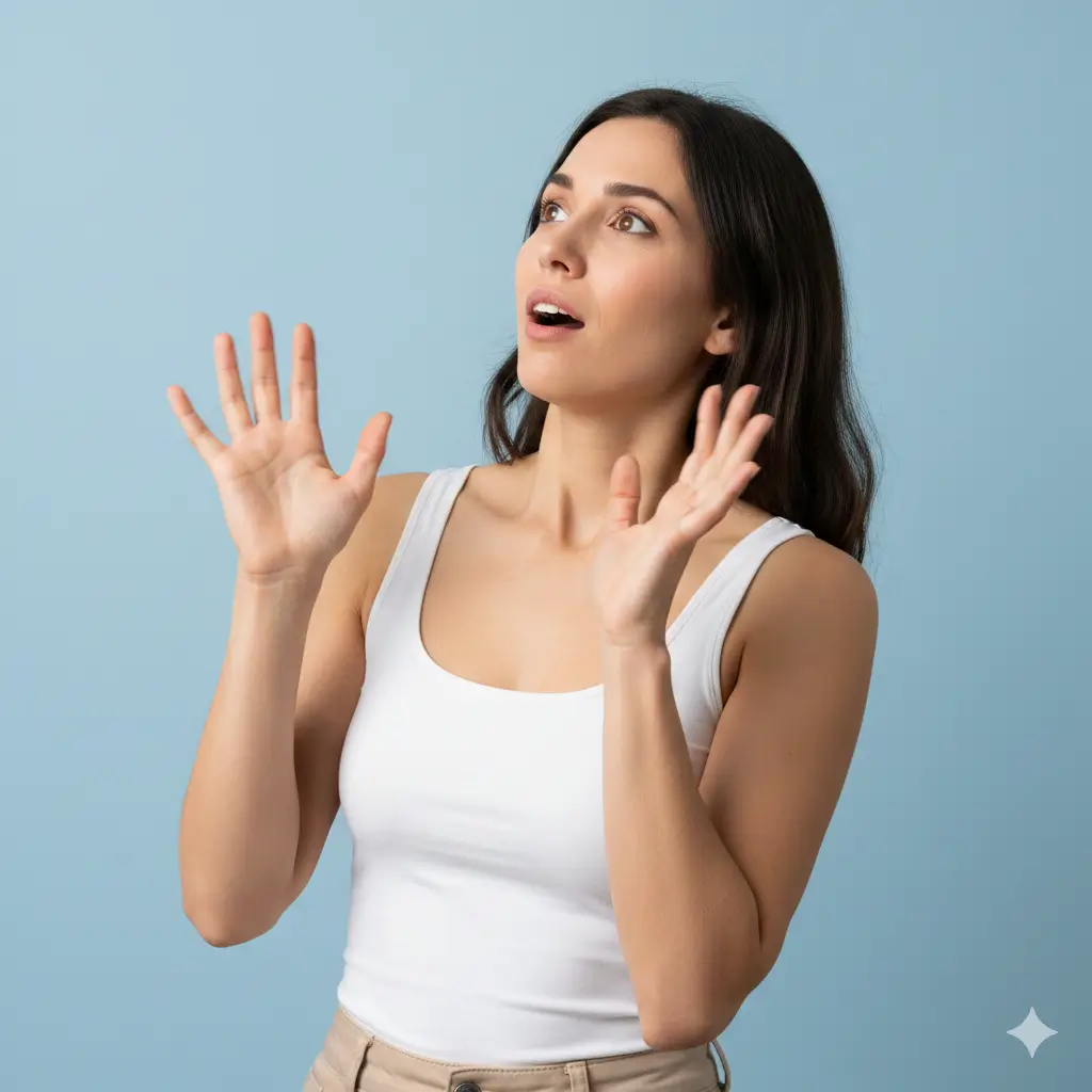 spontaneous shot of surprised woman in pale blue background