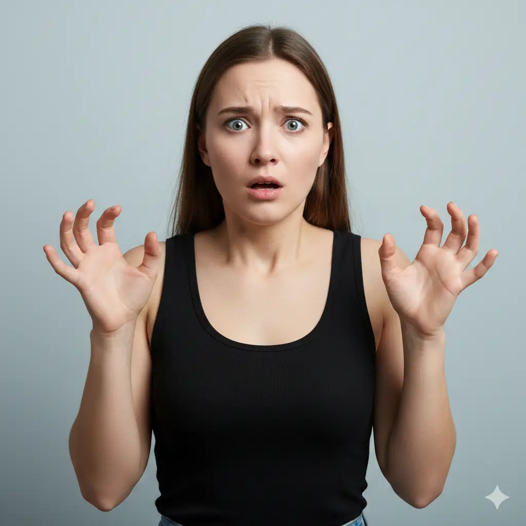 eye-level portrait of surprised woman in cool light gray blue background